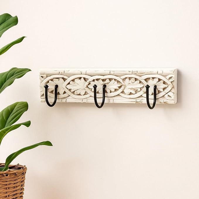 House of Revival | Handcrafted Solid Wood Wall Hook – Rustic Carved Wooden Key Holder with Iron Hooks for Entryway, Keys, Bags & Home Décor 13