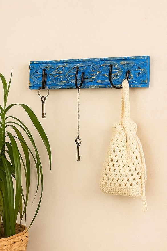 House of Revival | Handcrafted Solid Wood Wall Hook – Rustic Carved Wooden Key Holder with Iron Hooks for Entryway, Keys, Bags & Home Décor 14