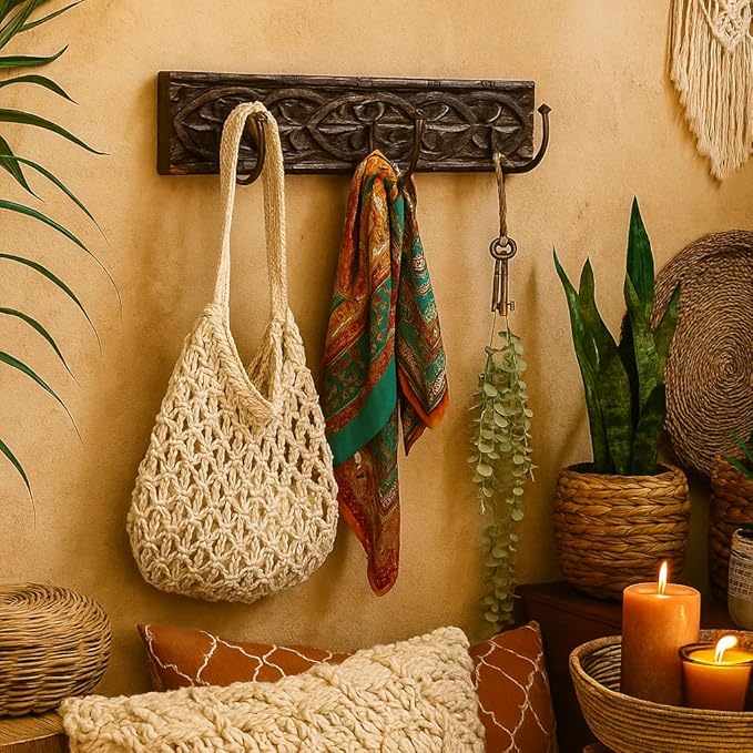 House of Revival | Handcrafted Solid Wood Wall Hook – Rustic Carved Wooden Key Holder with Iron Hooks for Entryway, Keys, Bags & Home Décor 15