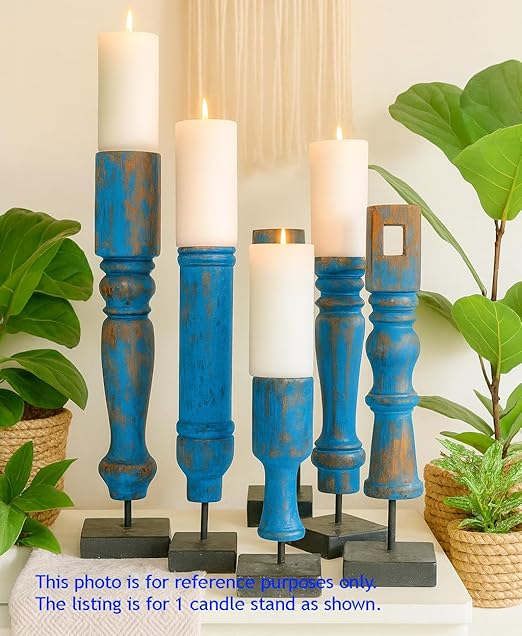 Revati - Distressed Blue  Solid Wood Pillar Candle Holder – Antique Table Leg 06