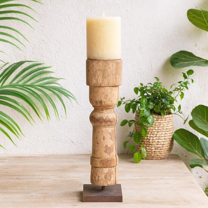 classic pillar Distressed Brown Solid Wood  Candle Holder – Antique Table Leg 114