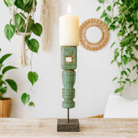classic pillar Distressed Green Solid Wood  Candle Holder – Antique Table Leg 115