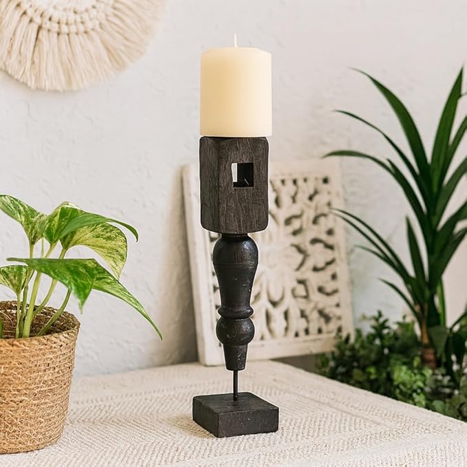 classic pillar Distressed Black Solid Wood  Candle Holder – Antique Table Leg 120