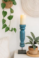classic pillar Distressed Blue Solid Wood  Candle Holder – Antique Table Leg 123
