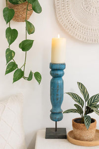 classic pillar Distressed Blue Solid Wood  Candle Holder – Antique Table Leg 123