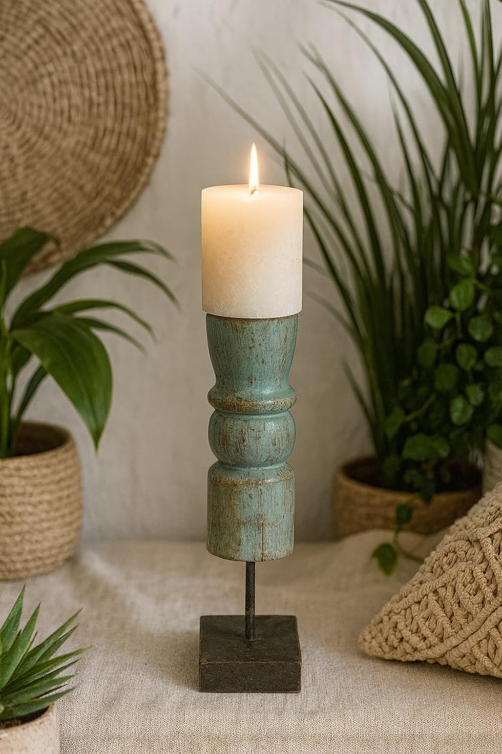 classic pillar Distressed Blue Solid Wood  Candle Holder – Antique Table Leg 124