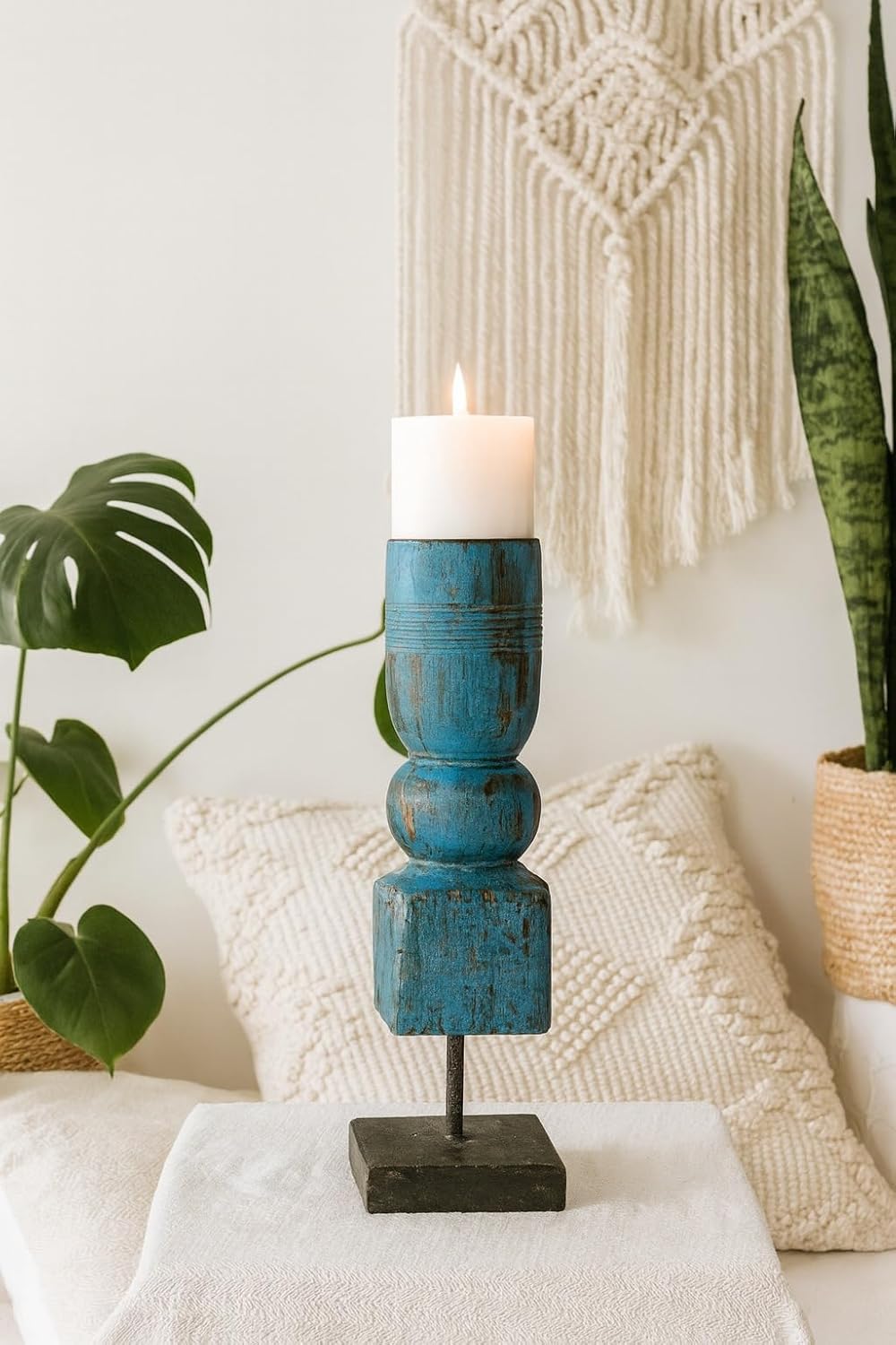 classic pillar Distressed Blue Solid Wood  Candle Holder – Antique Table Leg 117