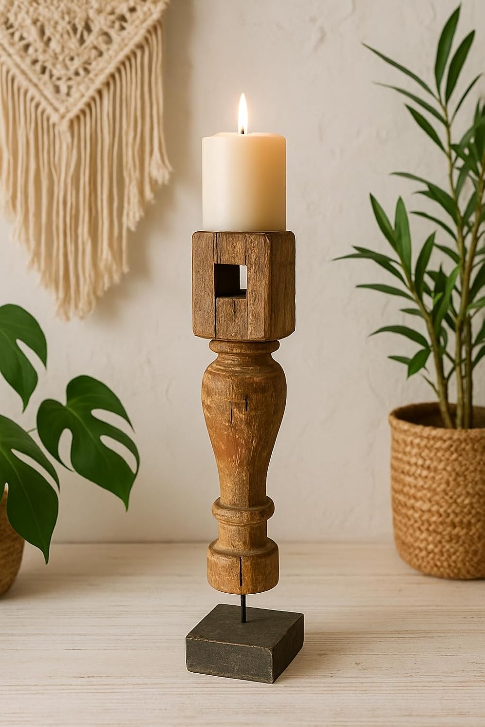 classic pillar Distressed Brown Solid Wood  Candle Holder – Antique Table Leg 121