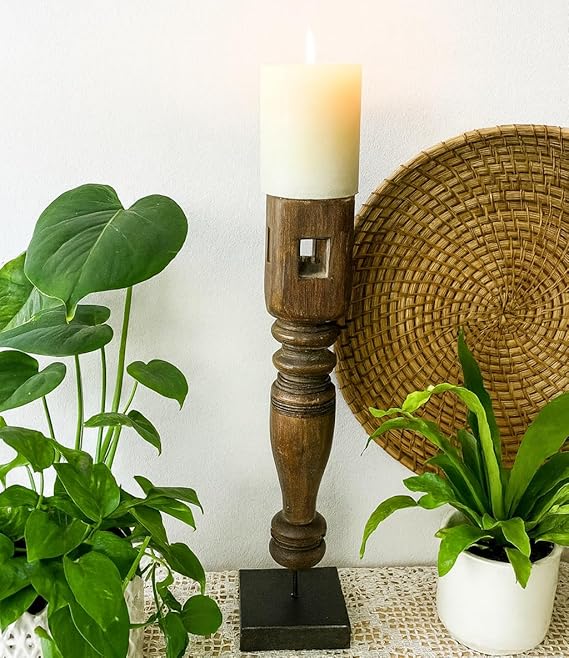 Revati - Distressed Brown Solid Wood Pillar Candle Holder – Antique Table Leg 17