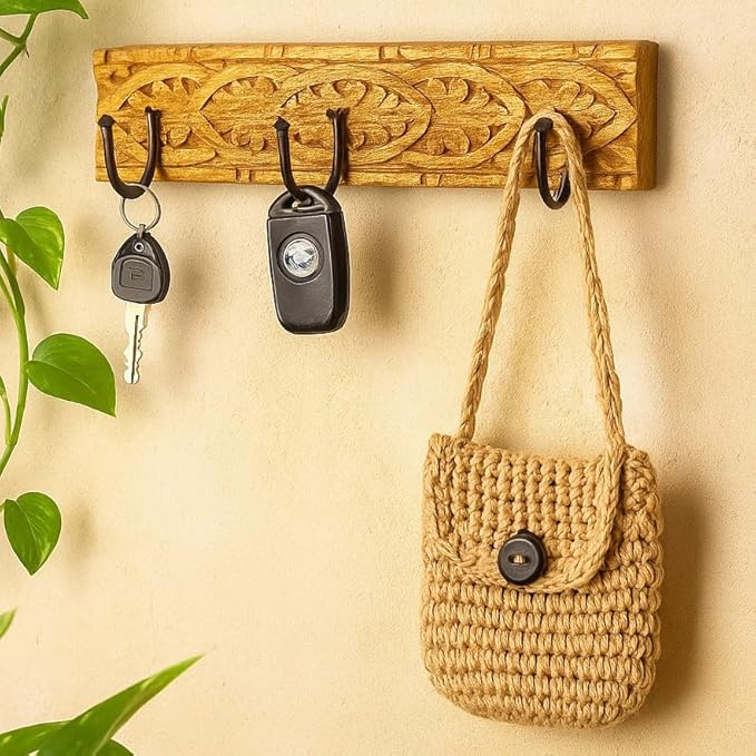 House of Revival | Handcrafted Solid Wood Wall Hook – Rustic Carved Wooden Key Holder with Iron Hooks for Entryway, Keys, Bags & Home Décor 12"