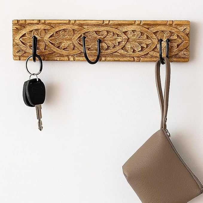 House of Revival | Handcrafted Solid Wood Wall Hook – Rustic Carved Wooden Key Holder with Iron Hooks for Entryway, Keys, Bags & Home Décor 12"