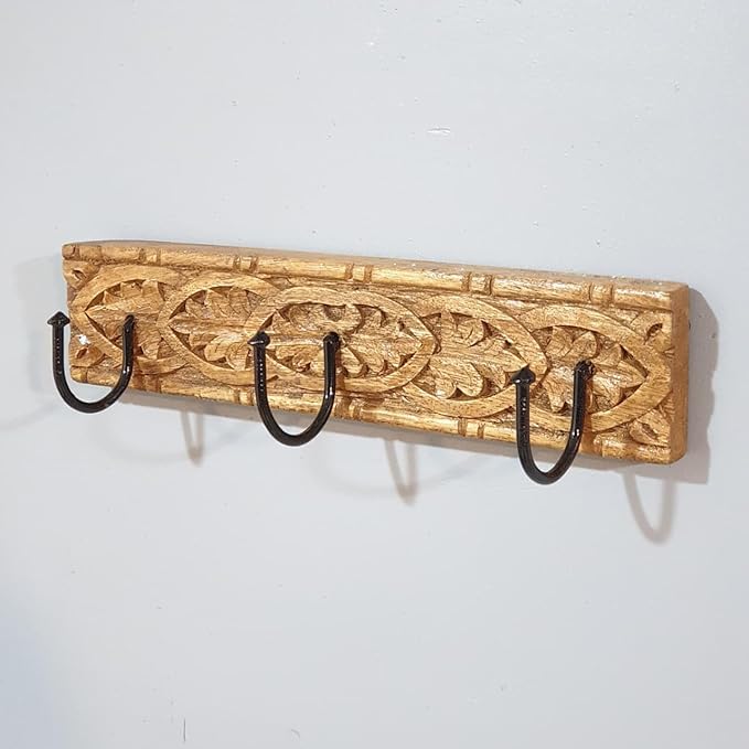 House of Revival | Handcrafted Solid Wood Wall Hook – Rustic Carved Wooden Key Holder with Iron Hooks for Entryway, Keys, Bags & Home Décor 12"