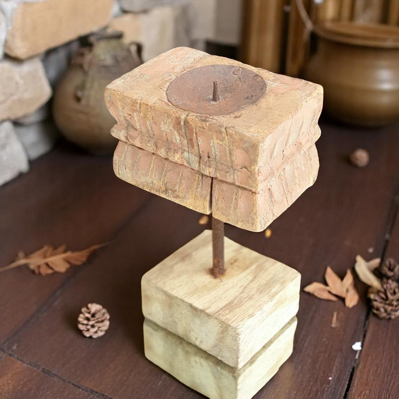 Carved in Flame - Handmade Vintage Style Indian Candle Holder candlestand 4x2x6 in