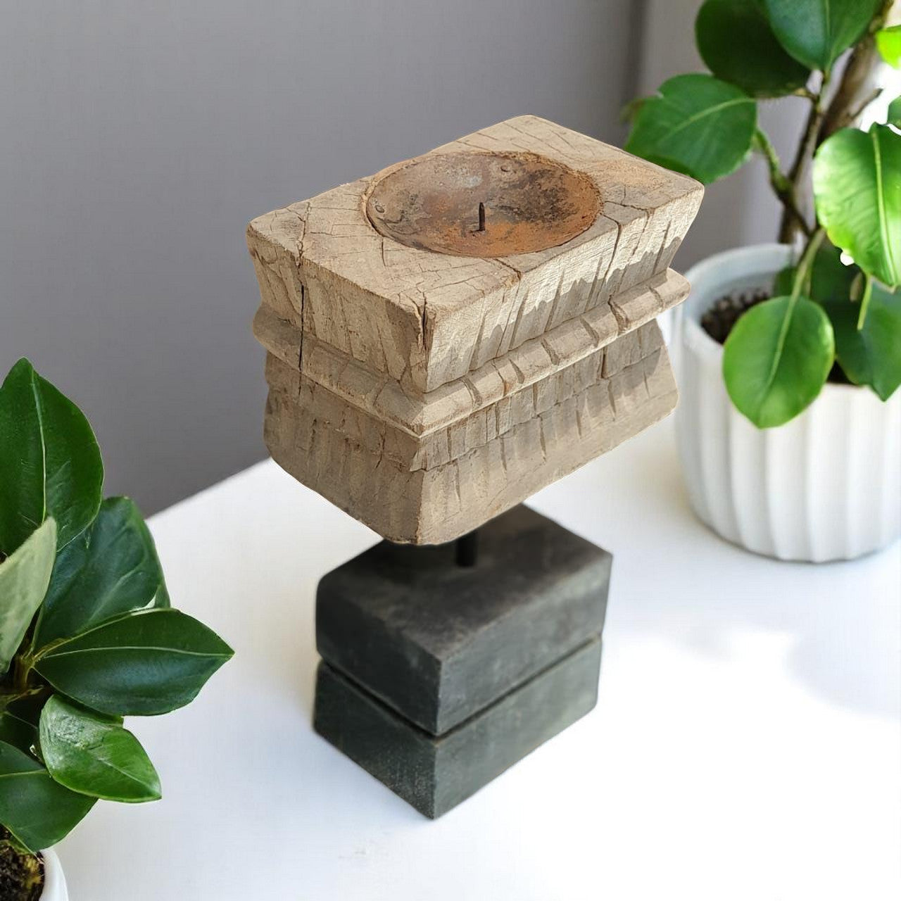 Carved in Flame - Handmade Vintage Style Indian Candle Holder candlestand 6x4x8 in