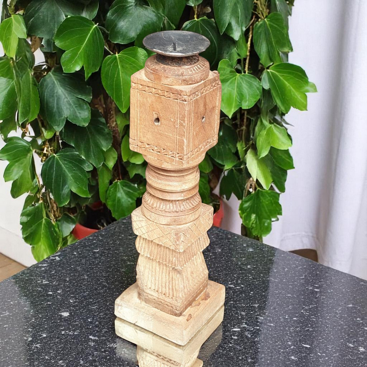 Carved in Flame - Handmade Vintage Style Indian Candle Holder candlestand 4x4x12 in