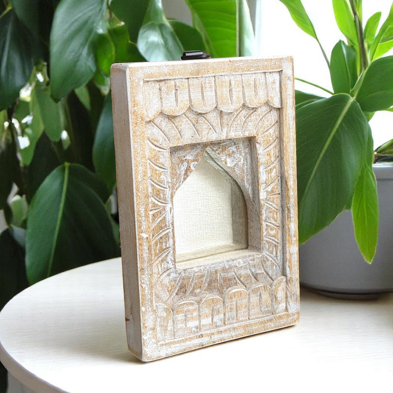 Echoes in Wood - Handmade Vintage Style Indian Temple Mirror Style Small Wall Decor 8x5 in