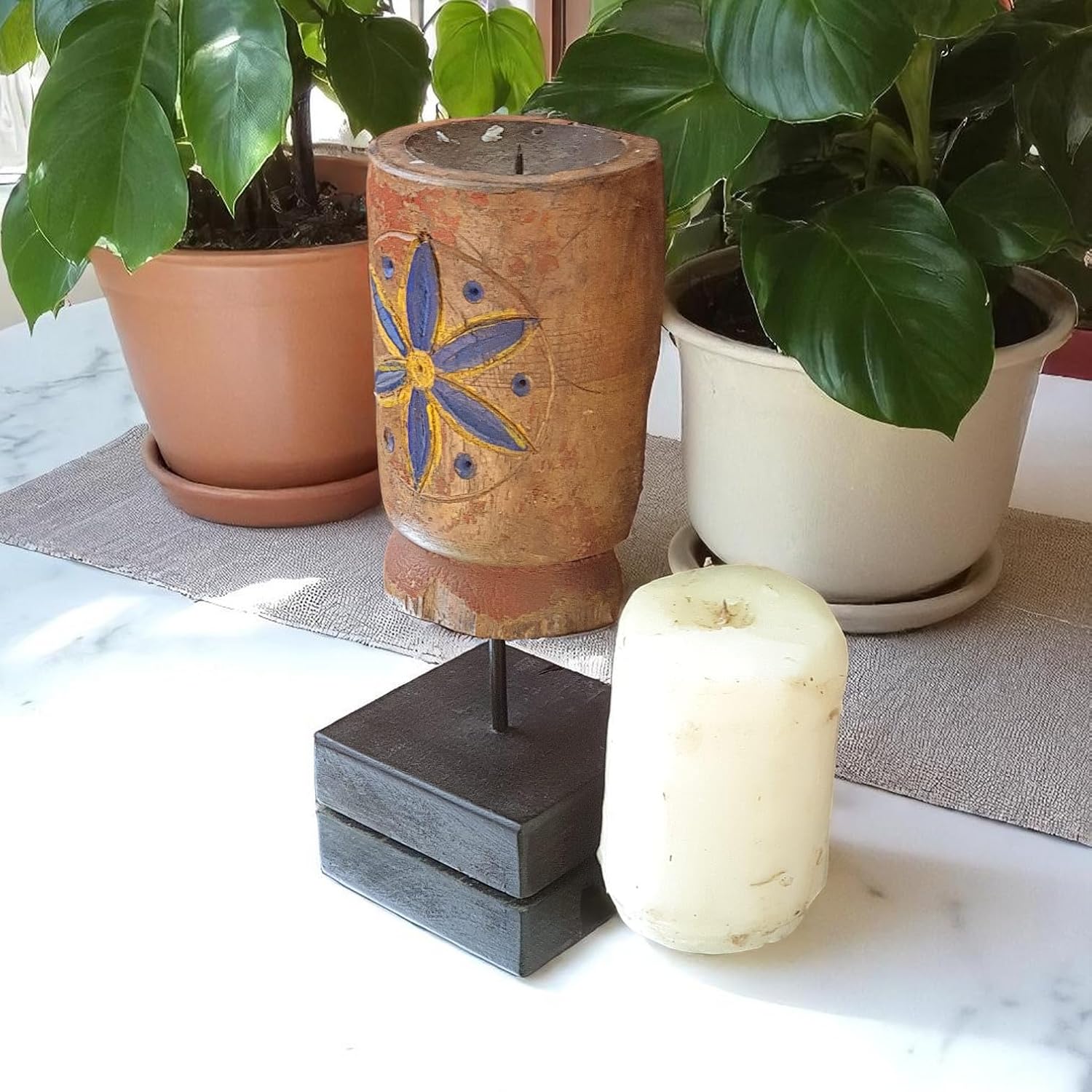 Carved in Flame - Handmade Vintage Style Indian Candle Holder candle stand 4x4x10 in