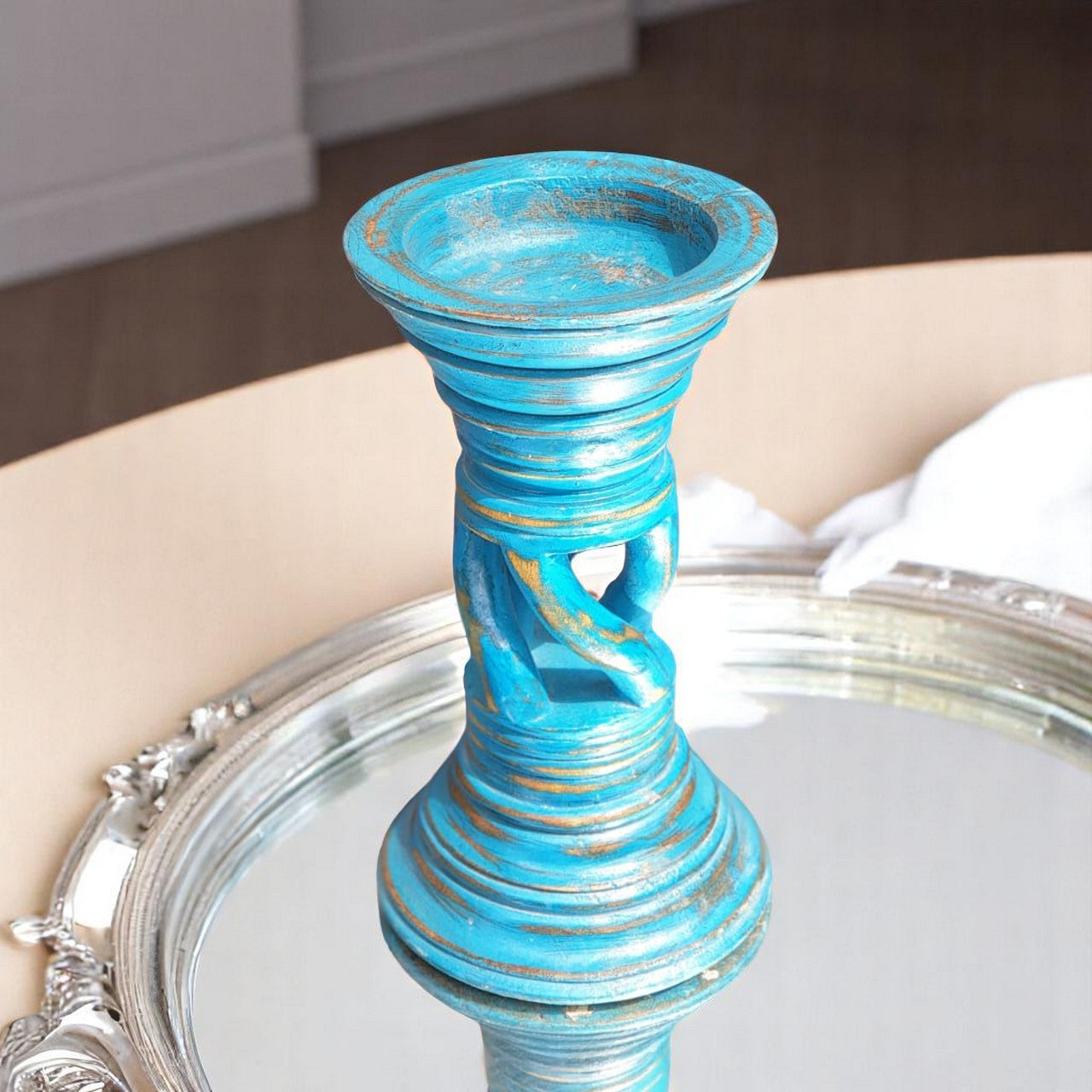 Carved in Flame - Handmade Vintage Style Indian Candle Holder candlestand 6x6x10 in