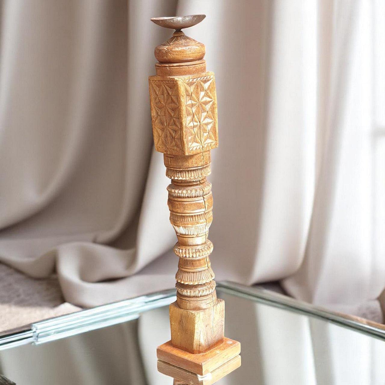 Carved in Flame - Handmade Vintage Style Indian Candle Holder candlestand 4x4x23 in