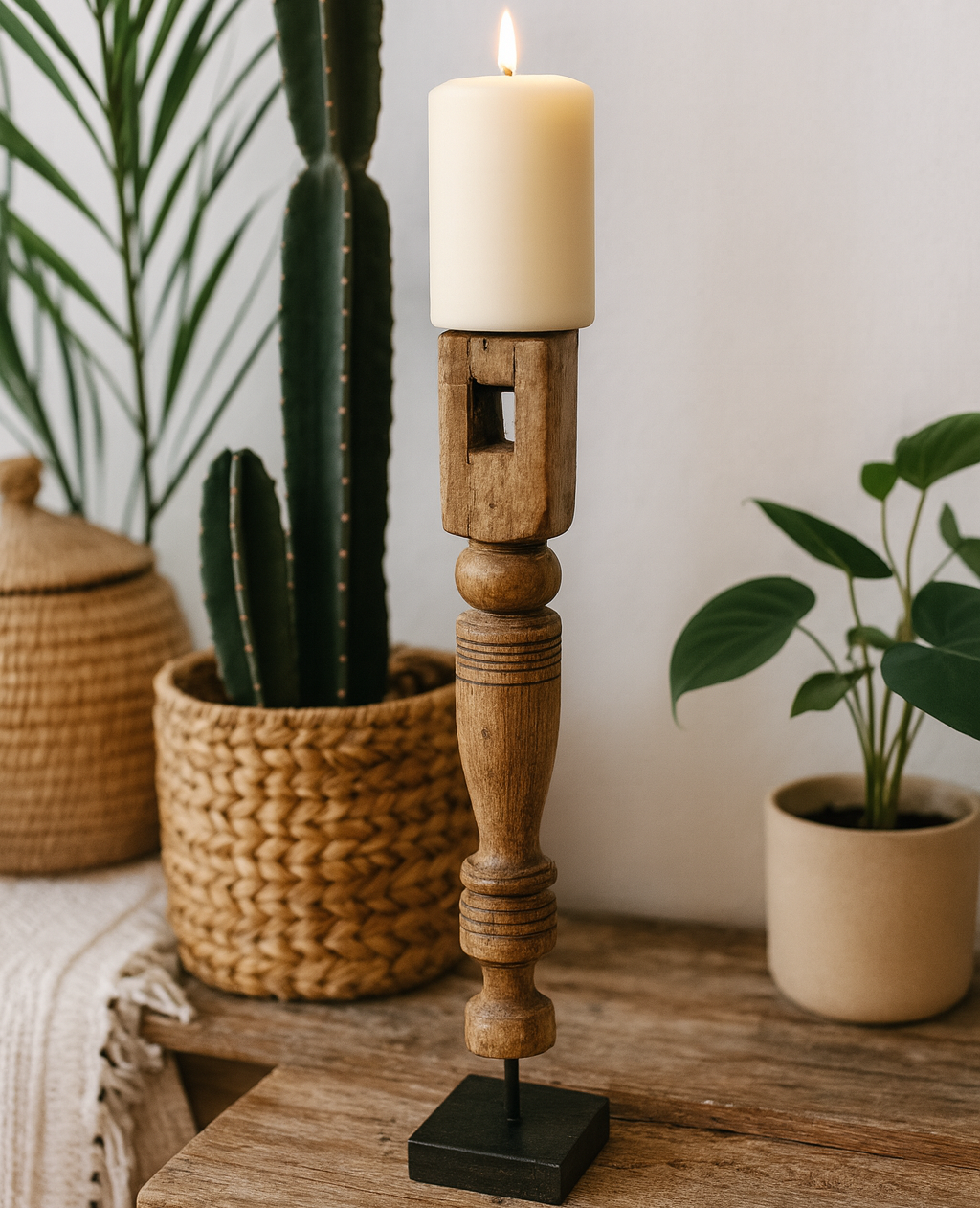 Revati - Distressed Brown Solid Wood Pillar Candle Holder – Antique Table Leg 15