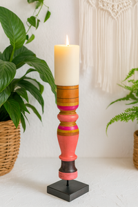Revati - Distressed multicolour  Solid Wood Pillar Candle Holder – Antique Table Leg 12