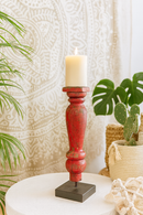 Revati - Distressed Red  Solid Wood Pillar Candle Holder – Antique Table Leg 25