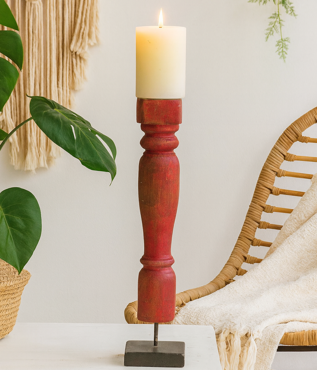 Revati - Distressed Red  Solid Wood Pillar Candle Holder – Antique Table Leg 23