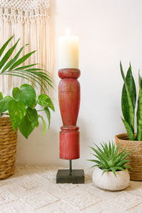 Revati - Distressed Red  Solid Wood Pillar Candle Holder – Antique Table Leg 24