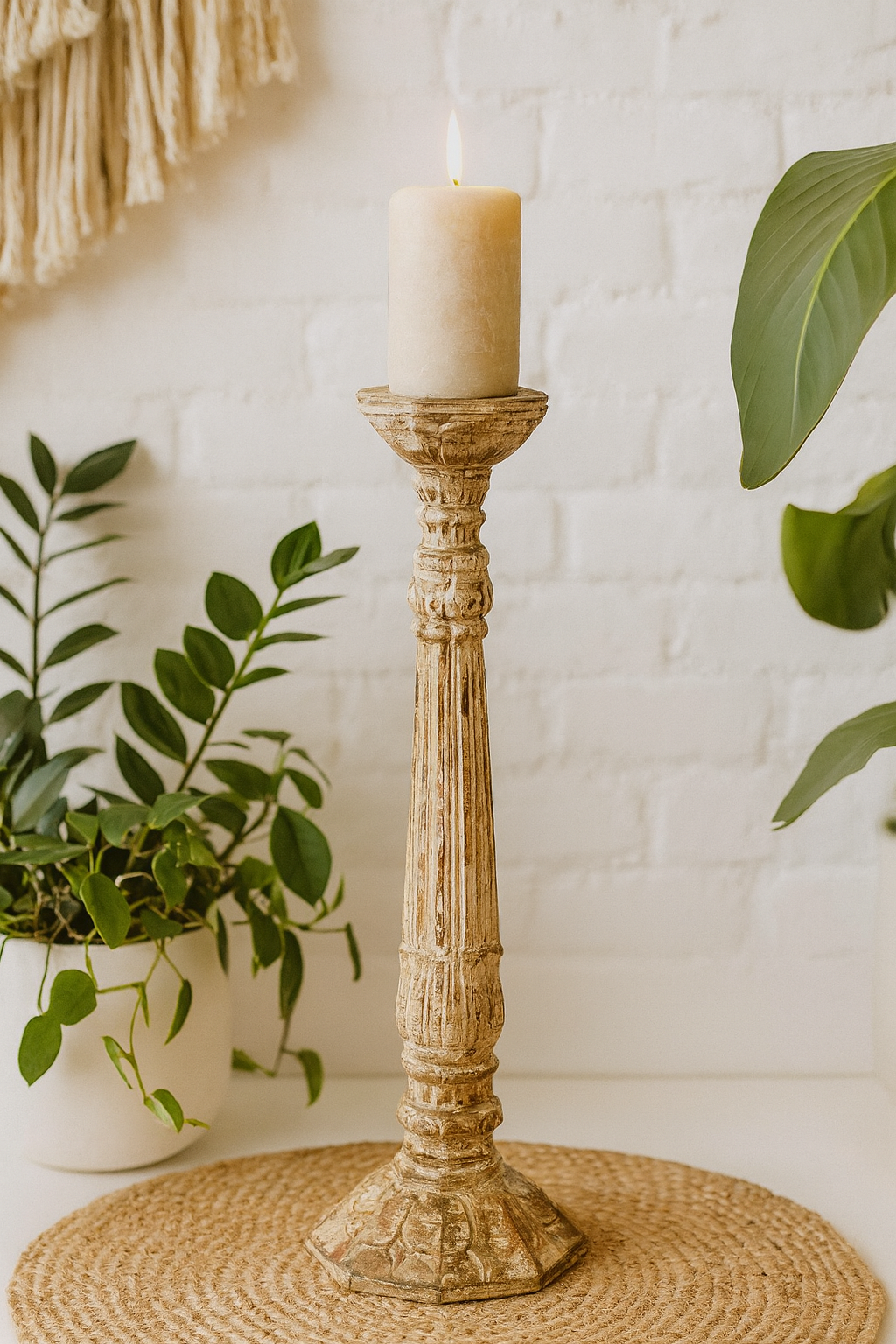 classic pillar Distressed White Solid Wood  Candle Holder – Antique Table Leg 81
