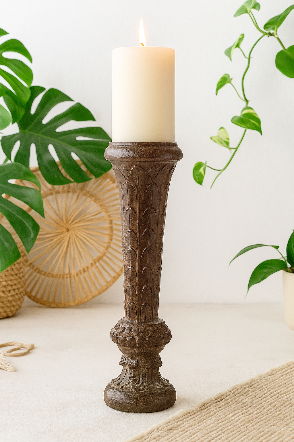 classic pillar Distressed Brown Solid Wood  Candle Holder – Antique Table Leg 109