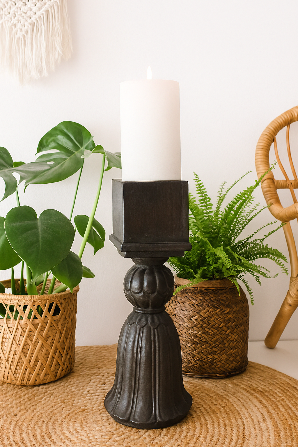 classic pillar Distressed Black Solid Wood  Candle Holder – Antique Table Leg 113