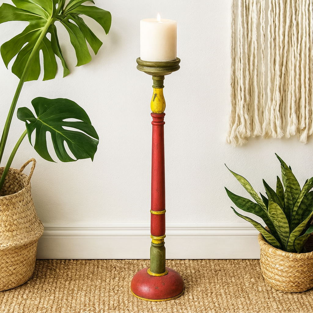 classic pillar Distressed Multicolor Solid Wood  Candle Holder – Antique Table Leg 34