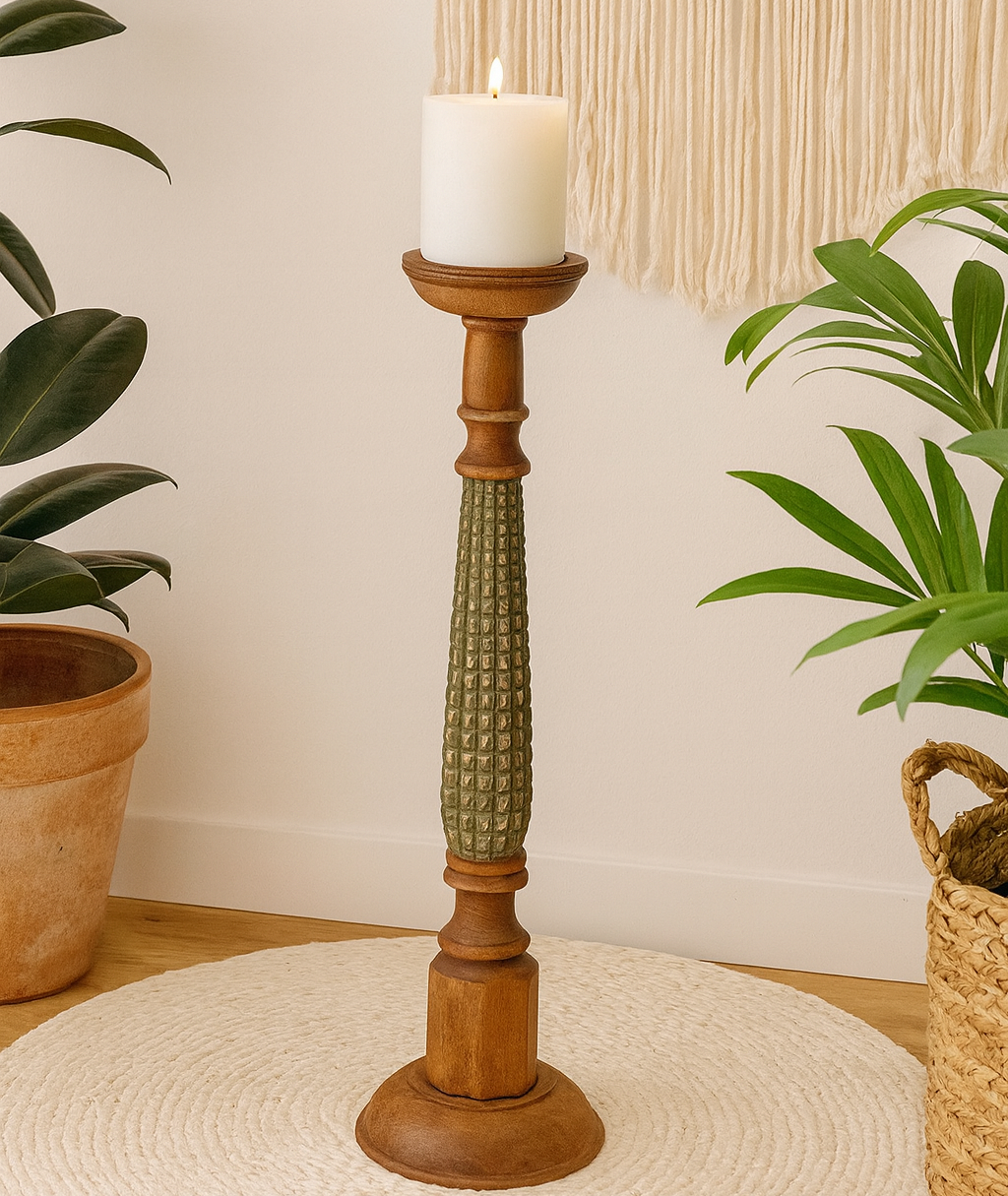 classic pillar Distressed Brown and Green  Solid Wood  Candle Holder – Antique Table Leg 37