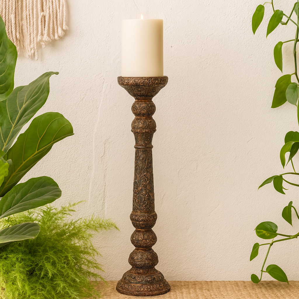classic pillar Distressed  Brown Solid Wood  Candle Holder – Antique Table Leg 45