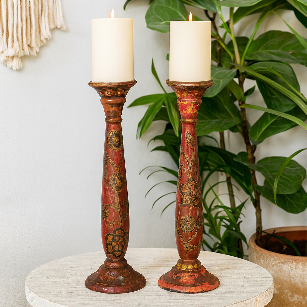 classic pillar Distressed  Red Solid Wood  Candle Holder – Antique Table Leg 47