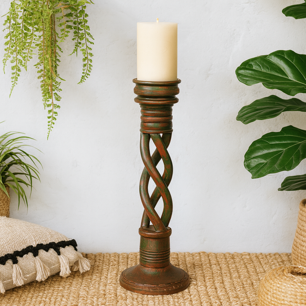 Distressed Brown Solid Wood Spiral Candle Holder – Antique Table Leg 32