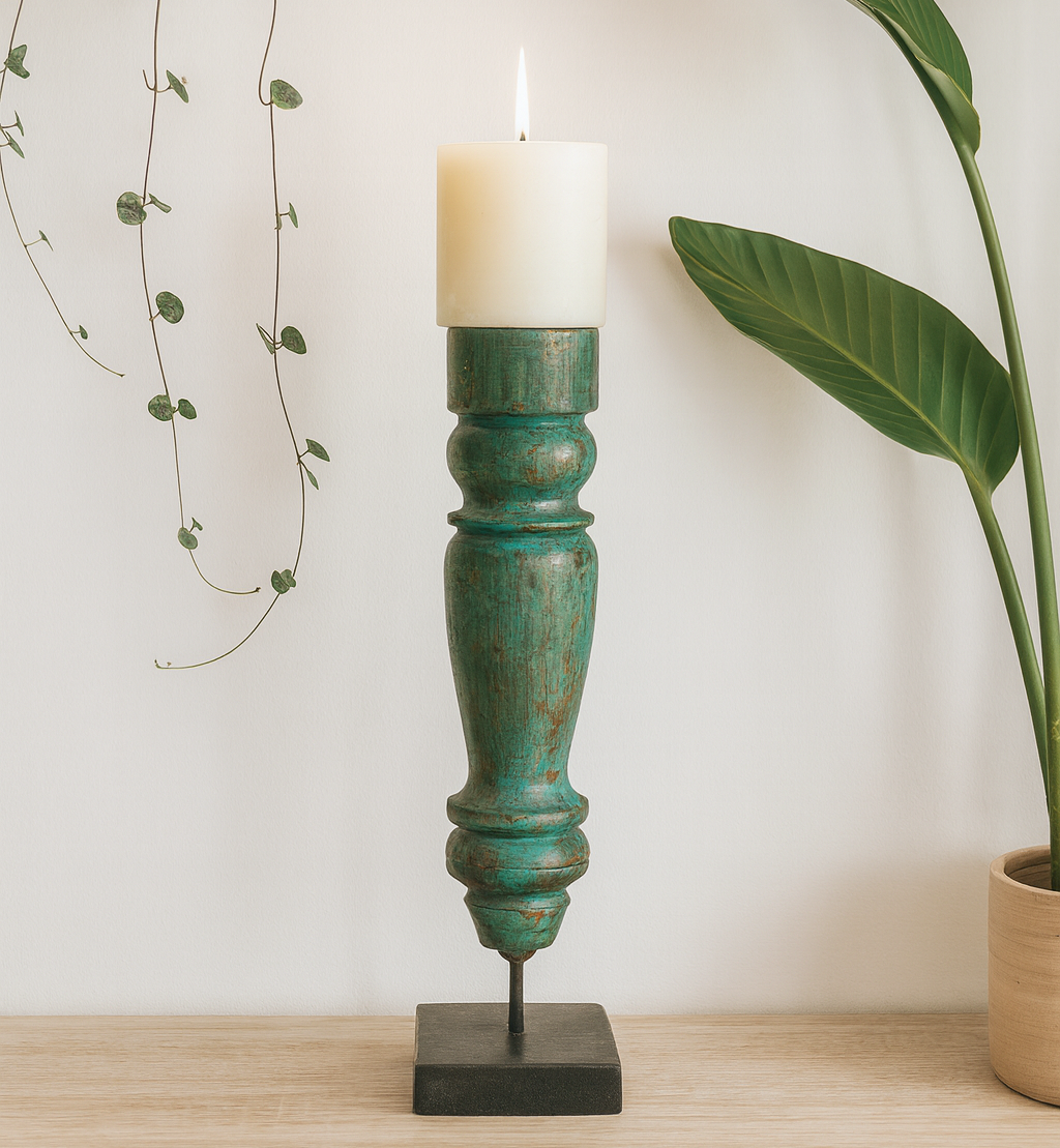 Revati - Distressed Green  Solid Wood Pillar Candle Holder – Antique Table Leg27