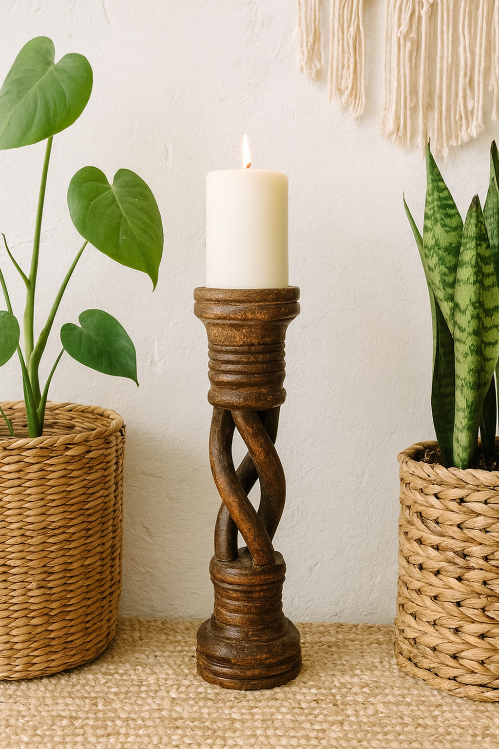 Distressed Brown Solid Wood Spiral Candle Holder – Antique Table Leg 31