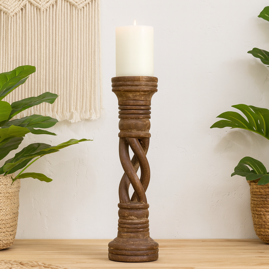 Distressed Brown Solid Wood Spiral Candle Holder – Antique Table Leg 33