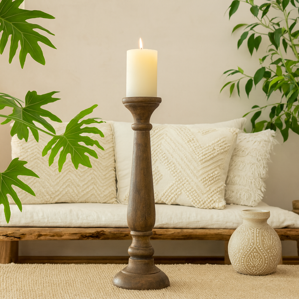 classic pillar Distressed Brown Solid Wood  Candle Holder – Antique Table Leg 42