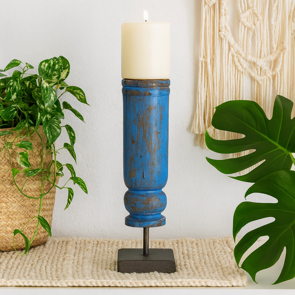 Revati - Distressed Blue Solid Wood Pillar Candle Holder – Antique Table Leg 21