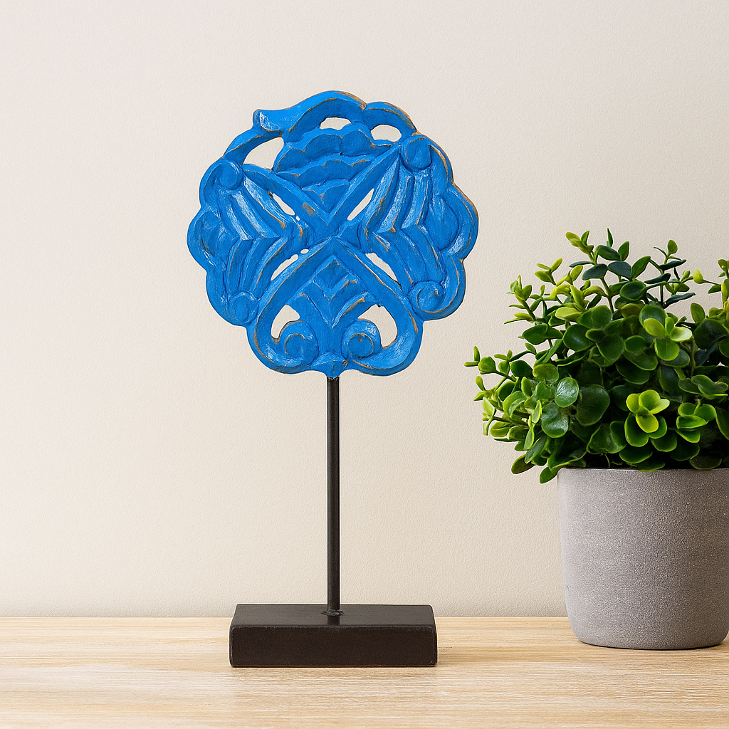 House of Revival-Handcrafted Wooden Decorative Table Stand – Blue Carved Accent on Base, 19×8×36 cm | Sustainable Handicraft Home Décor for Living Room, Console, or Office