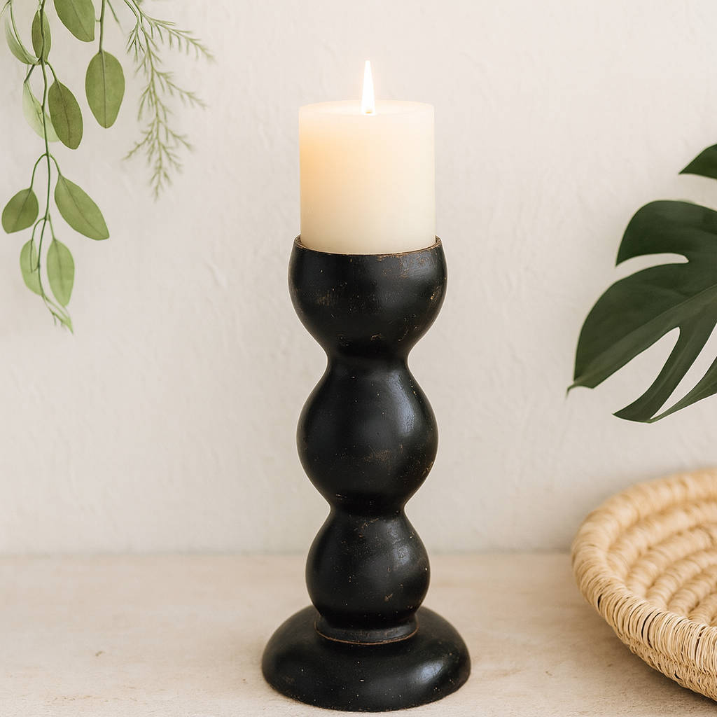 classic pillar Distressed  Black Solid Wood  Candle Holder – Antique Table Leg 60