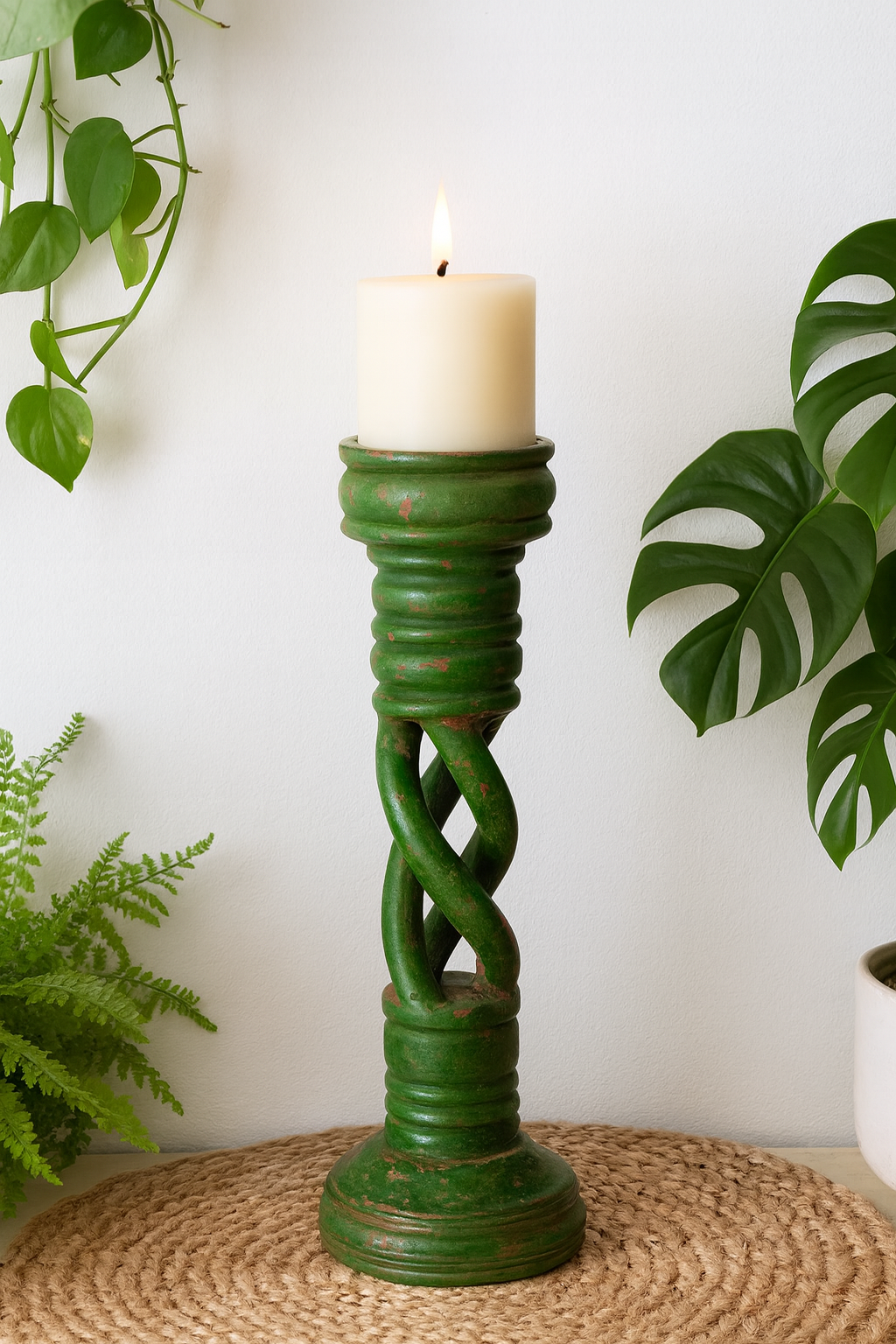 classic pillar Distressed Green Solid Wood  Candle Holder – Antique Table Leg 67