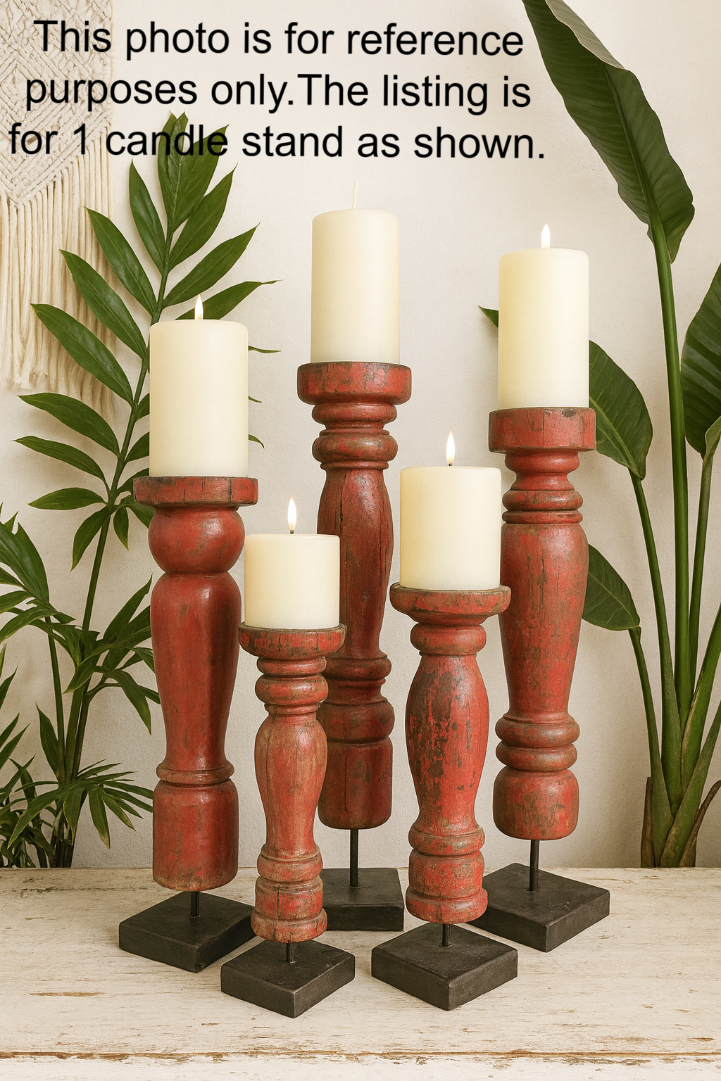 Revati - Distressed Red  Solid Wood Pillar Candle Holder – Antique Table Leg 25