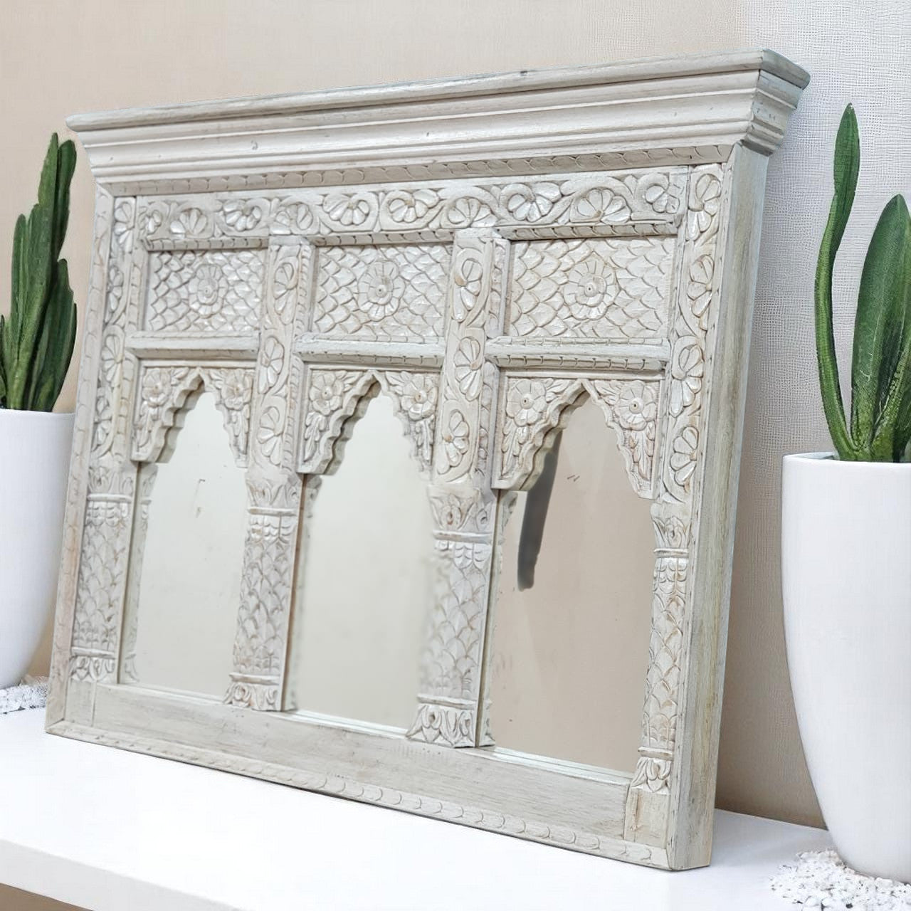 Echoes in Wood - Handmade Vintage Style Indian Mirror Frame Small Wall Decor 35x28 in