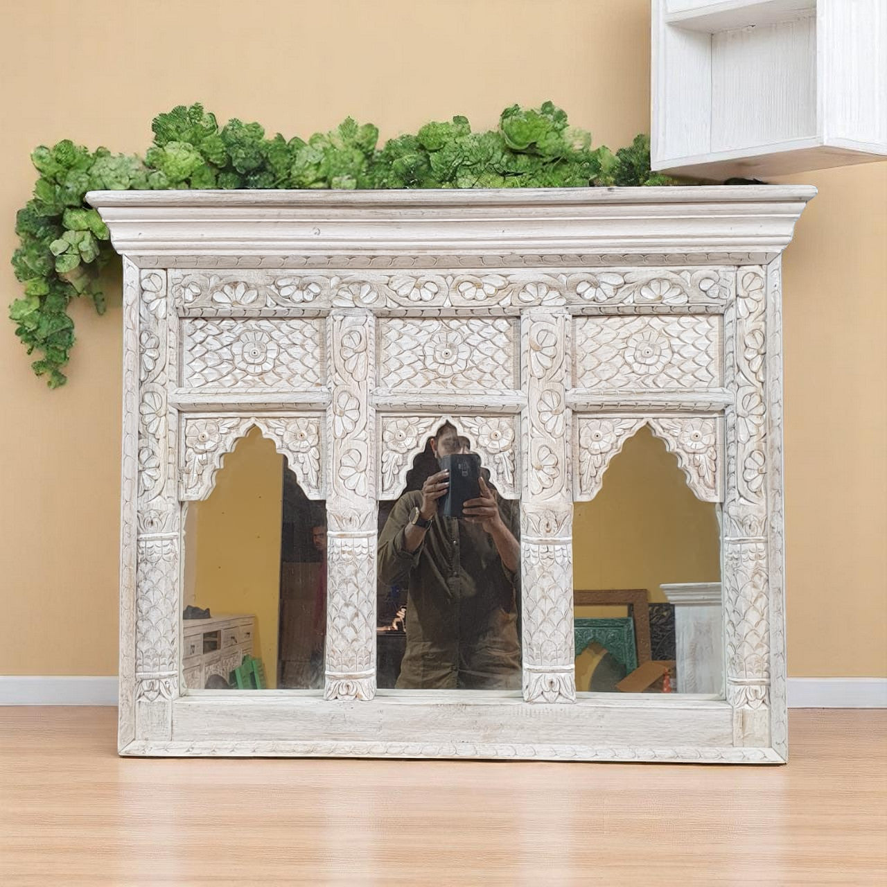 Echoes in Wood - Handmade Vintage Style Indian Mirror Frame Small Wall Decor 35x28 in