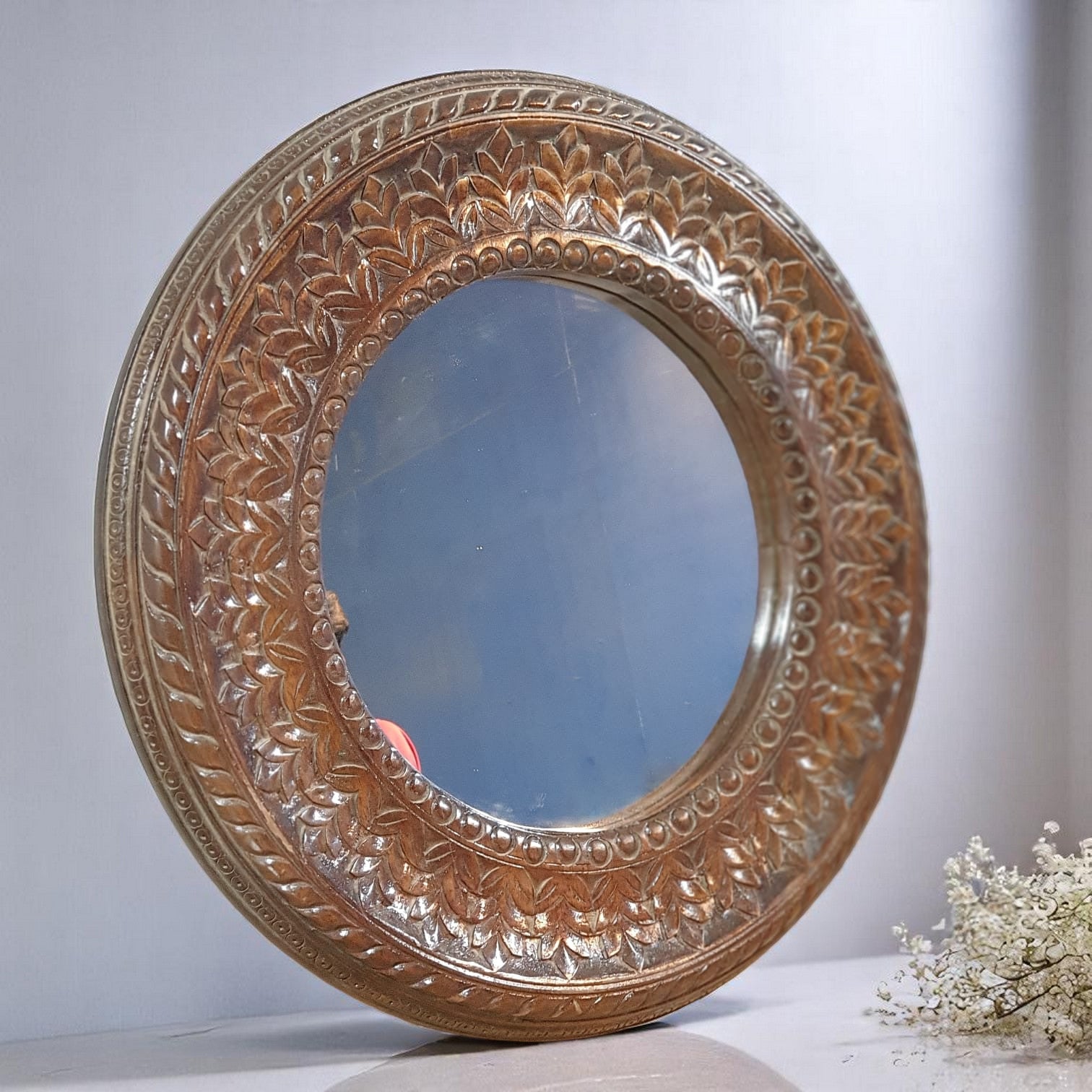 Echoes in Wood - Handmade Vintage Style Indian Mirror Frame Round Style Small Wall Decor 26x26 in