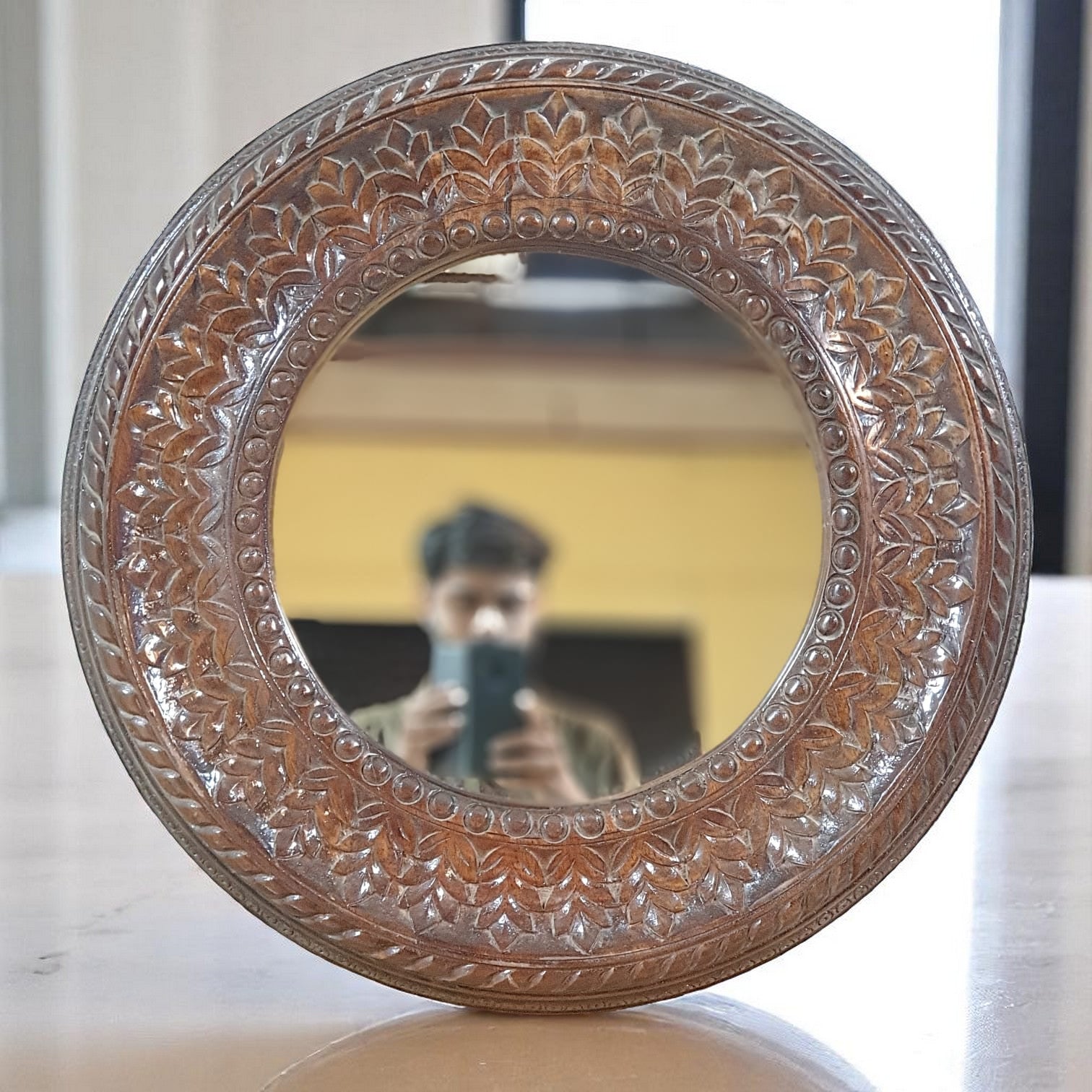 Echoes in Wood - Handmade Vintage Style Indian Mirror Frame Round Style Small Wall Decor 26x26 in