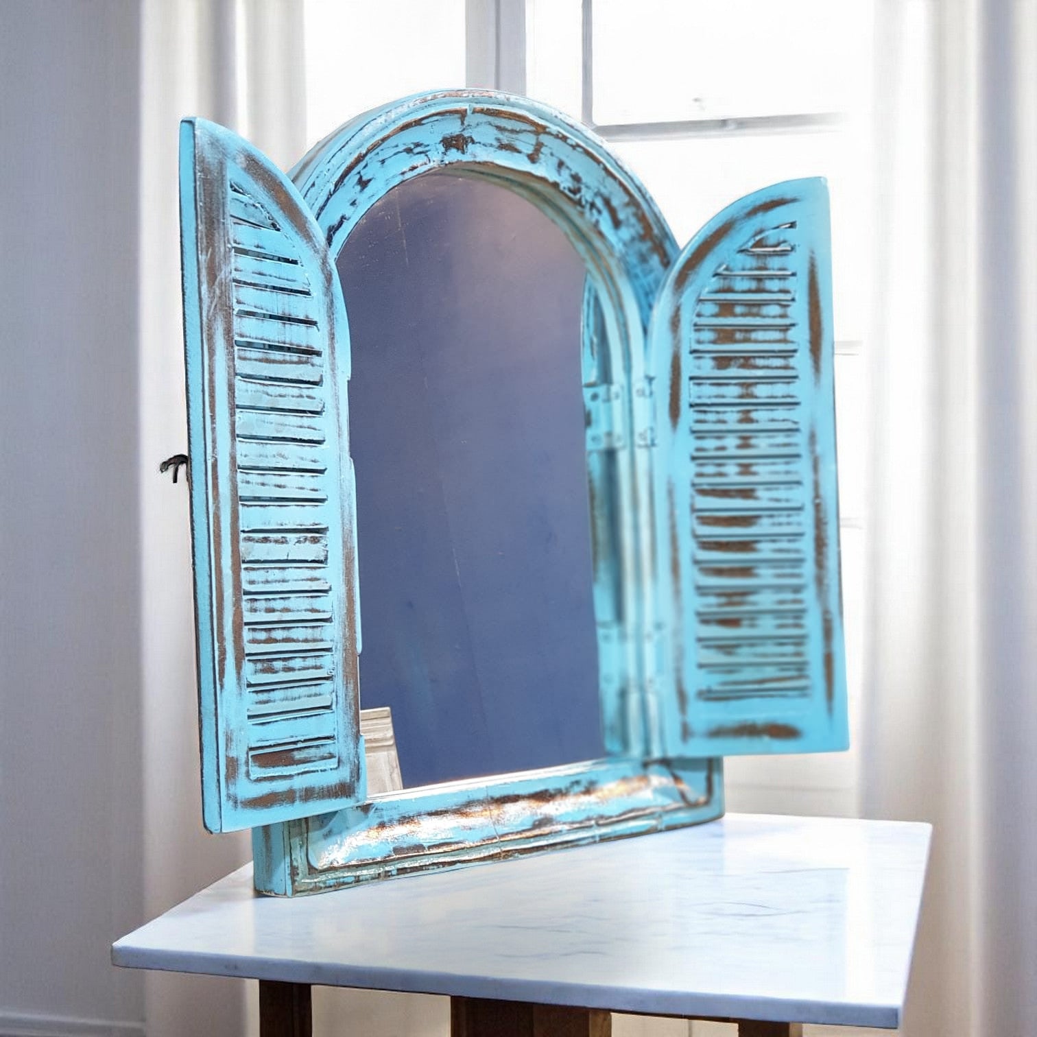 Echoes in Wood - Handmade Vintage Style Indian Mirror Frame Window Style Small Wall Decor 16x22 in